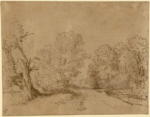 En skogsbeklädd väg av Rembrandt Harmensz. van Rijn