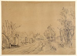 En huvudväg som leder till ett hus genom träd (två broar och port till dijk) (penna och bläck på brunt papper) av Rembrandt Harmensz. van Rijn