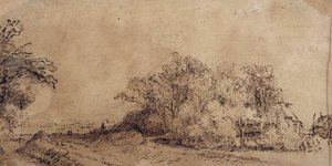 En grov väg längs vallen med träd som döljer en bondgård (penna och bläck med tvätt på papper) av Rembrandt Harmensz. van Rijn