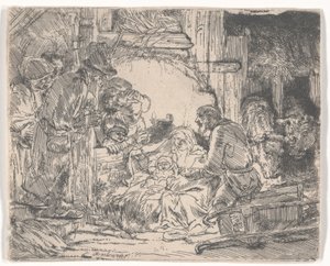 Tillbedjan av herdarna med en lampa, ca 1654 (etsning) av Rembrandt van Rijn
