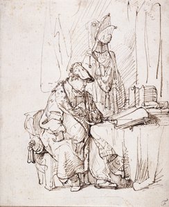 En skådespelare i sitt omklädningsrum (penna & brunt bläck på vitt papper) av Rembrandt Harmensz. van Rijn