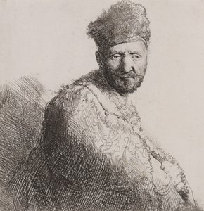 Skäggig man i pälsad orientalisk mössa och mantel av Rembrandt van Rijn