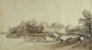 Bend in the Amstel nära Kostverloren House, tidigt 1650-tal (penna & bläck med tvätt & kroppsfärg på papper) av Rembrandt Harmensz. van Rijn
