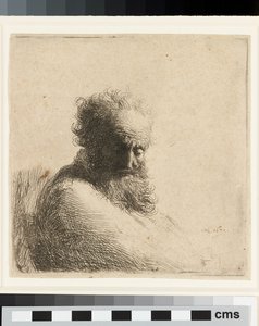 Byst av en gammal skäggig man, blickar neråt, trekvart höger av Rembrandt Harmensz. van Rijn
