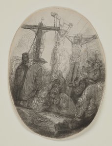 Kristus korsfäst mellan två tjuvar: en oval tallrik, ca 1641 (etsning och torrnål) av Rembrandt van Rijn