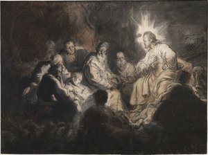 Kristus och hans lärjungar i Getsemane trädgård, av Rembrandt van Rhijn (1606-1669). Penna, pensel, grå och brun färg, akvarell på papper, ca 1634. Mått: 35,7x47,8 cm. Teylers Museum, Haarlem av Rembrandt Harmensz. van Rijn