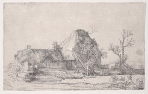 Stuga och gårdsbyggnader med en man som skissar, ca 1645 (etsning) av Rembrandt van Rijn