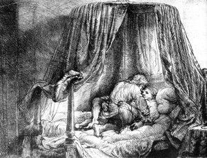 Par älskar i sängen, gravyr av Rembrandt van Rijn (1606-1669) 1646