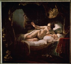 ""Danae"". Grekisk mytologi: Zeus presenterar sig för Danae i form av en dusch av guldmynt för att förföra henne. Målning av Harmenszoon van Rijn känd som Rembrandt (1606-1669)