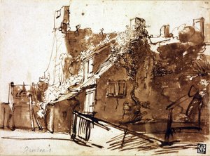 Bondgård i solljus - Rembrandt van Rhijn (1606-1669) - 1635-1636 - Penna, pensel, brun färg på papper - 16,4x22,3 cm - Szepmuveszeti Muzeum, Budapest av Rembrandt Harmensz. van Rijn