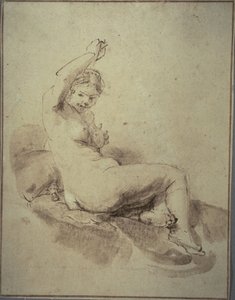 Naken, liggande kvinna med upphöjd arm, ca 1665 (penna och brunt bläck och pensel och brunt tvätt, på brunt papper)