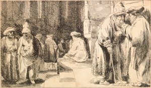 ""Juifs a la synagogue"" (Judar i synagogan) Gravyr av Rembrandt van Rhijn (1606-1669) - 1648 Dim 7,6x13 cm Jewish Museum, New York av Rembrandt van Rijn