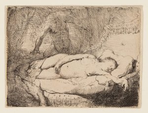 Jupiter och Antiope: Smaller Plate, c.1631 (etsning på bufflagd papper) av Rembrandt Harmensz. van Rijn