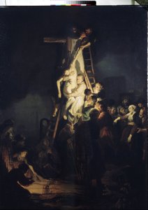 Nedstigningen från korset (deponering). Nedstigningen från korset. Bland karaktärerna som omger Jesu Kristi kropp: Jungfru Maria, den helige Nikodemus och den helige Josef av Arimatea. Målning av Harmenszoon van Rijn känd som Rembrandt (1606-1669)