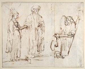 Laban för Lea till Jakob, med Jakob överdragen av ett fragment av en annan teckning; en ängel med en hund liggande vid hans fötter av Rembrandt Harmensz. van Rijn