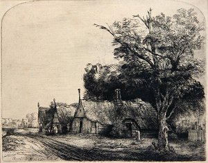 Landskap med tre kojor (etsning) av Rembrandt Harmensz. van Rijn