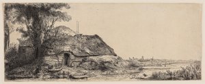 Landskap med en stuga och ett stort träd av Rembrandt Harmensz. van Rijn