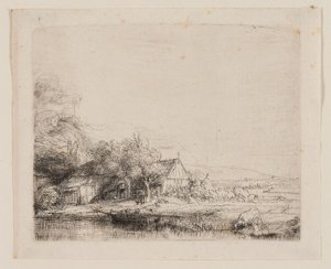 Landskap med en ko som dricker, ca 1650 (etsning och torrnål på elfenbenslagt papper) av Rembrandt Harmensz. van Rijn