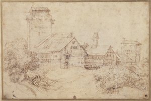Landskap med byggnader och älskare, omfamnande, efter Tizian (penna & brunt bläck med röd krita på papper) av Rembrandt Harmensz. van Rijn