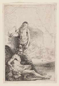 Man naken sittande och stående, ca 1646 (etsning på elfenbensbelagt papper) av Rembrandt Harmensz. van Rijn