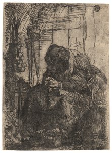 Gammal kvinna sittande i en stuga med ett lökband på väggen, ca 1629 (etsning) av Rembrandt Harmensz. van Rijn