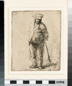 Trasig bonde med händerna bakom sig, håller en pinne, ca 1630 (etsning) av Rembrandt van Rijn