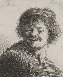 Rembrandt i mössa, skrattar: byst av Rembrandt van Rijn