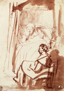 Saskia ligger i sängen, en kvinna sitter vid hennes fötter av Rembrandt Harmensz. van Rijn