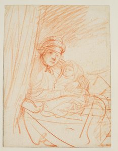 Saskia sitter uppe i sängen och håller ett barn, 1635 ca av Rembrandt van Rijn