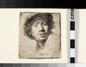 Självporträtt i keps, öppen mun av Rembrandt van Rijn