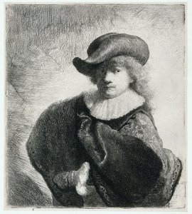 Självporträtt i en mjuk hatt och mönstrad mantel av Rembrandt Harmensz. van Rijn