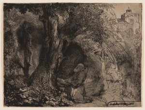 St Francis under ett träd ber av Rembrandt Harmensz. van Rijn