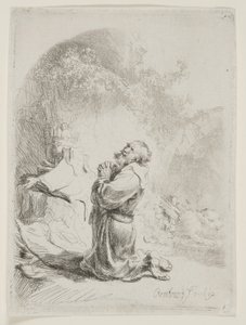 St. Hieronymus ber: välvt tryck av Rembrandt van Rijn