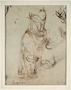 Studier av en hög huvudbonad; och ett huvud omvänt från recto (penna och bläck på papper) (baksidan av 2636119) av Rembrandt Harmensz. van Rijn