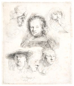Studier av Saskias och andras huvud av Rembrandt Harmensz. van Rijn