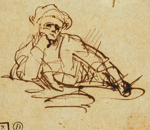 Studie av en författare, sittande, pausande i tanken, av Rembrandt van Rijn