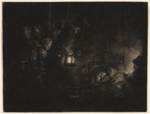 The Adoration of the Shepherds: A Night Piece, c. 1657 (etsning, torrnål och burin i svart på elfenbenslagt papper) av Rembrandt Harmensz. van Rijn