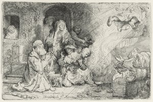 Ängeln som avgår från Tobias familj (penna och bläck på papper) av Rembrandt van Rijn
