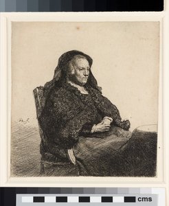 Konstnärens mor vid ett bord, ca 1631 (etsning) av Rembrandt van Rijn
