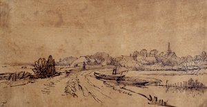 Vy över Sloten, ca 1650 (penna och bläck med brun tvätt på papper) av Rembrandt Harmensz. van Rijn