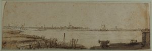 Utsikt över floden IJ från Diemerdijk, ca 1650 (penna och bläck med brun tvätt och vit kroppsfärg på papper) av Rembrandt Harmensz. van Rijn