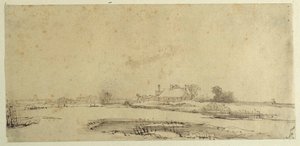 Vatten, ängar och en bondgård (penna och bläck på papper) av Rembrandt Harmensz. van Rijn