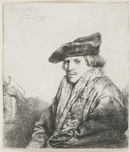 Ung man i sammetsmössa med böcker bredvid honom av Rembrandt van Rijn