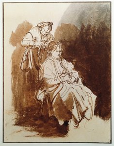Ung kvinna på hennes toalett. En gammal pigas hår. (Bläckteckning, ca 1635) av Rembrandt van Rijn
