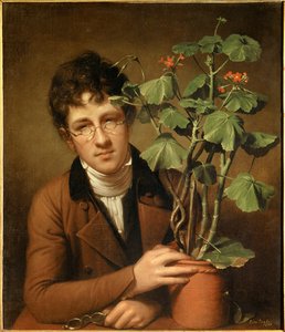 Porträtt av målaren Rubens Peale (1784-1864) vid pelargonen Målning av Rembrandt Peale (1778-1860) (ec.amer.) 1801 Collection privee - Porträtt av målaren Rubens Peale (1784-1864) med en pelargon - Målning av Rembrandt Peale (1778-1860), olja på