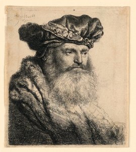 En skäggig man som bär en sammetsmössa med ett juvellås av Rembrandt van Rijn