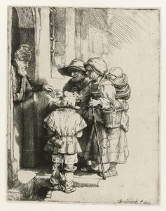 En blind gurdy-spelare och hans familj En blind gurdy-spelare och familj som får allmosor av Rembrandt van Rijn