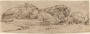 Ett landskap med gårdsbyggnader bland träd av Rembrandt van Rijn