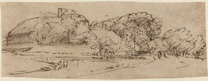 Ett landskap med lantbruksbyggnader bland träden av Rembrandt van Rijn