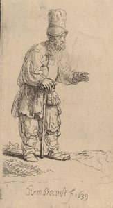 En bonde med hög mössa, stående lutad på en pinne, 1639. av Rembrandt van Rijn